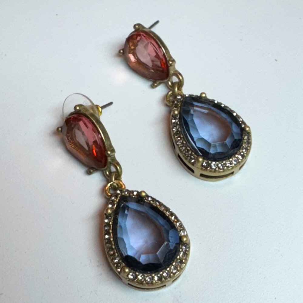 Vintage Gold Tone Dangling Pierced Earrings Teardrop Glass Pink & Blue
